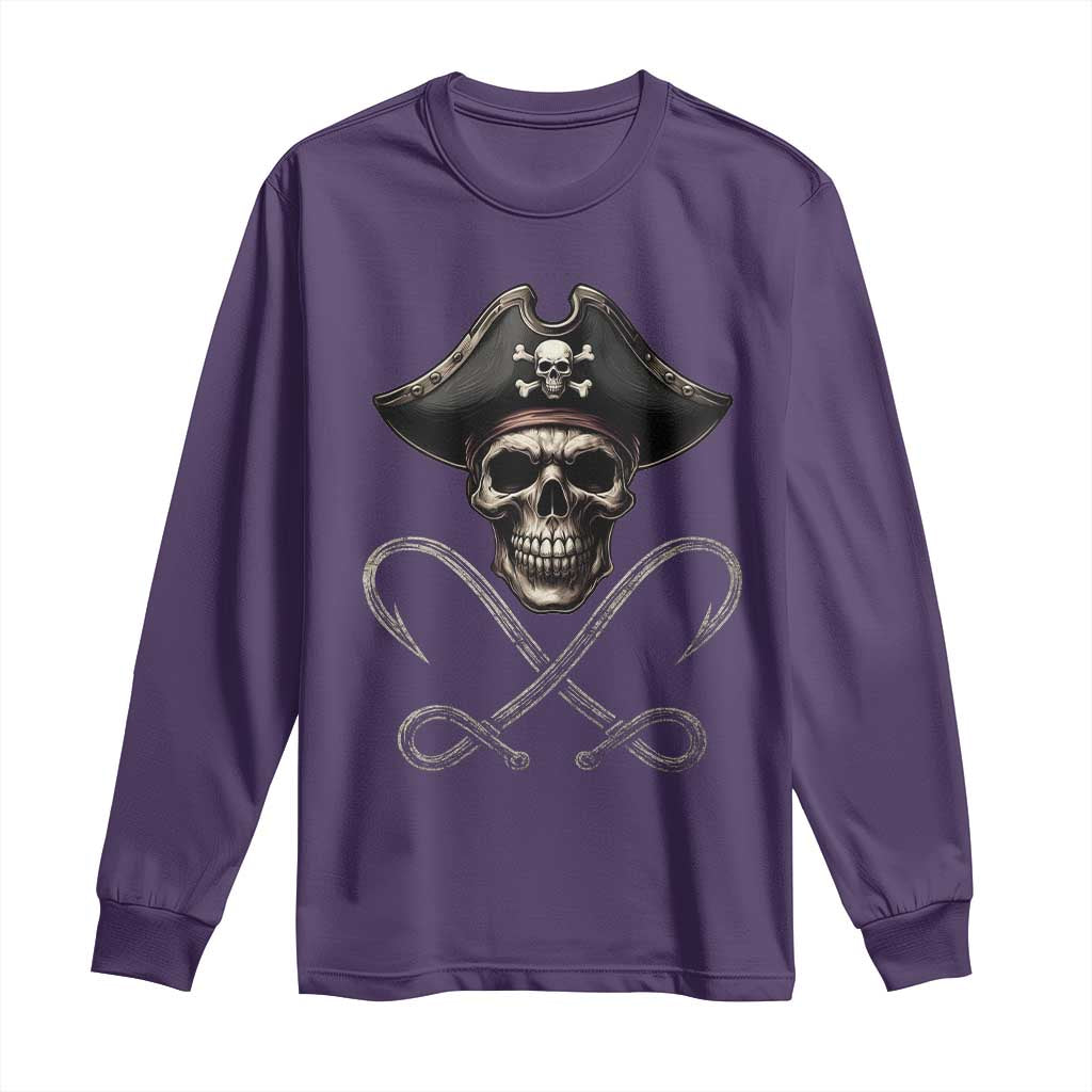 Funny Pirate Fishing Lover Long Sleeve Shirt Vintage Pirate Skull Hooks Fishing - Wonder Print Shop