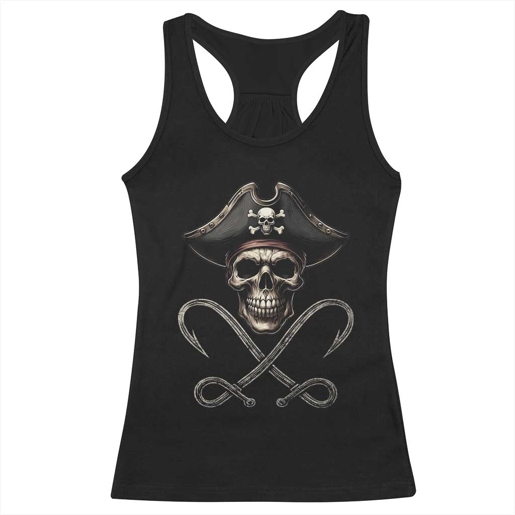 Funny Pirate Fishing Lover Racerback Tank Top Vintage Pirate Skull Hooks Fishing - Wonder Print Shop