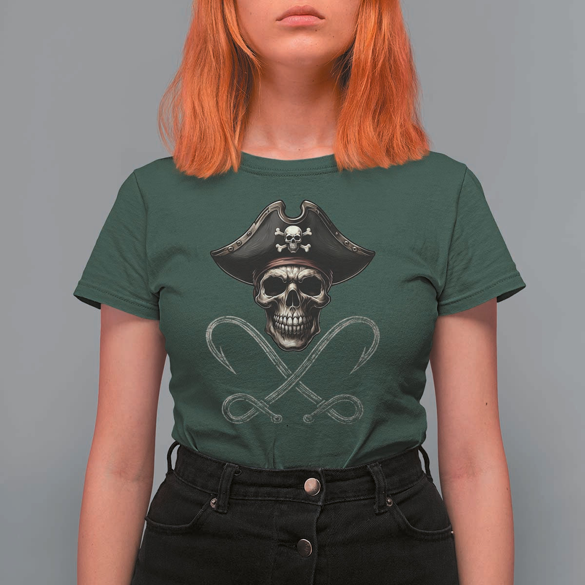 Funny Pirate Fishing Lover T Shirt For Women Vintage Pirate Skull Hooks Fishing - Wonder Print Shop