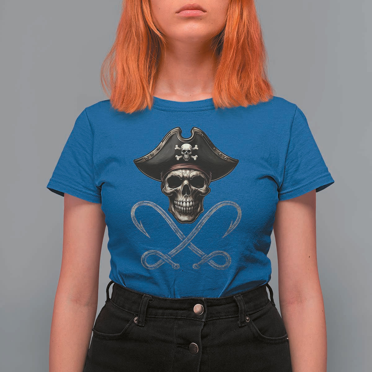 Funny Pirate Fishing Lover T Shirt For Women Vintage Pirate Skull Hooks Fishing - Wonder Print Shop