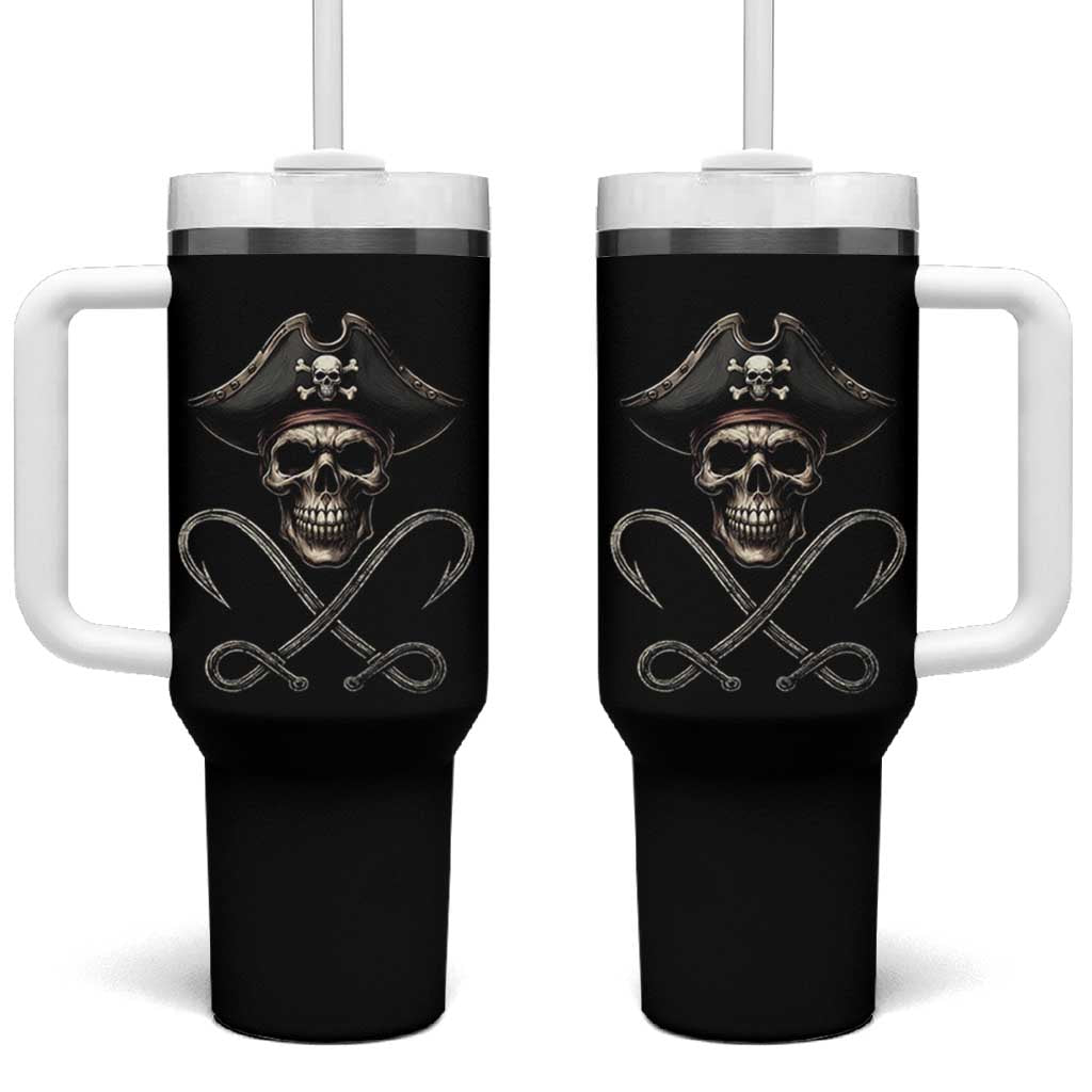 Funny Pirate Fishing Lover Tumbler With Handle Vintage Pirate Skull Hooks Fishing - Wonder Print Shop