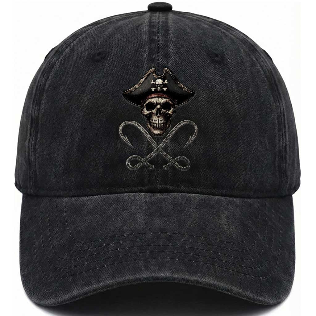 Funny Pirate Fishing Lover Washed Cotton Baseball Cap Vintage Pirate Skull Hooks Fishing