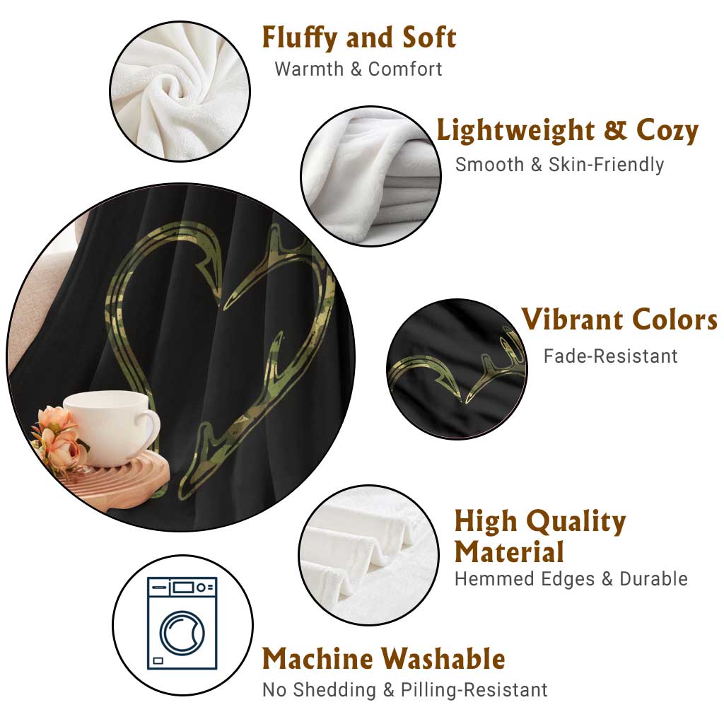 Fishing And Hunting Vintage Camo Hook Antler Heart Throw Blanket - Wonder Print Shop