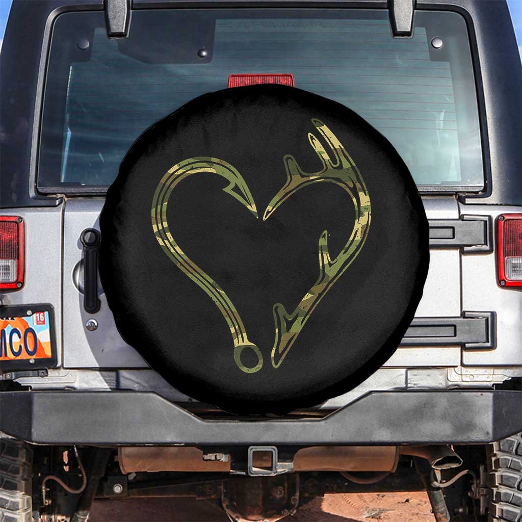 Fishing And Hunting Vintage Camo Hook Antler Heart Spare Tire Cover - Wonder Print Shop