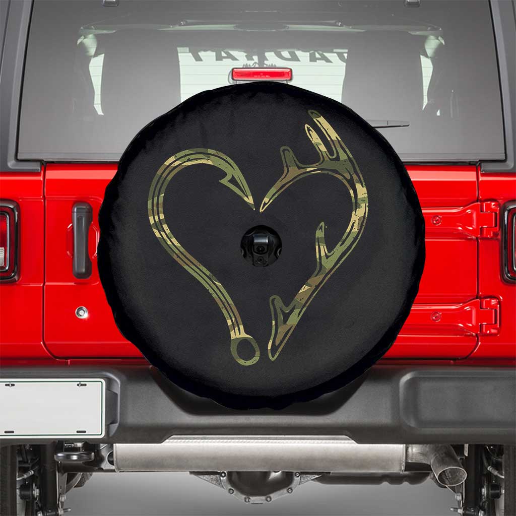 Fishing And Hunting Vintage Camo Hook Antler Heart Spare Tire Cover - Wonder Print Shop