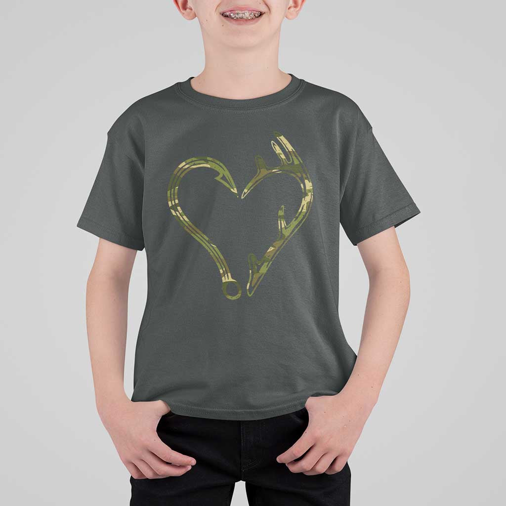 Fishing And Hunting Vintage Camo Hook Antler Heart T Shirt For Kid - Wonder Print Shop