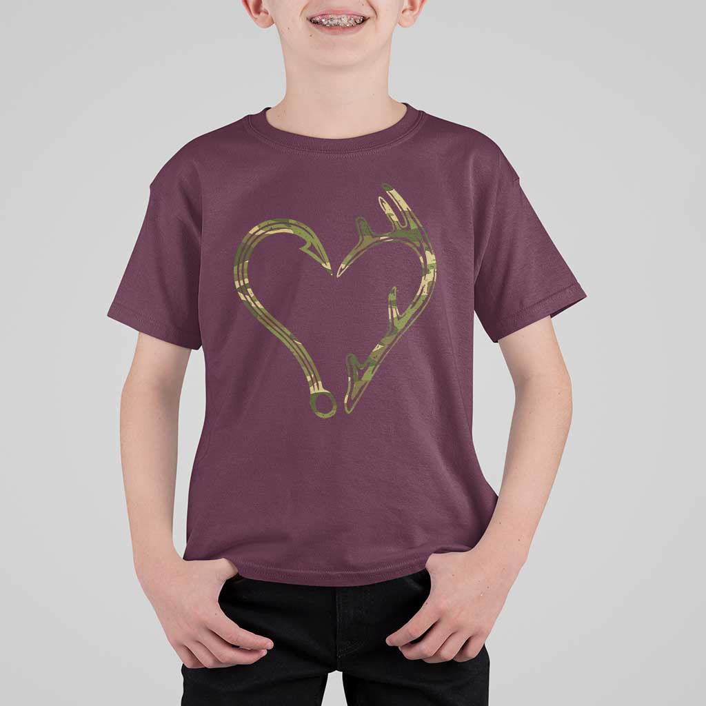 Fishing And Hunting Vintage Camo Hook Antler Heart T Shirt For Kid - Wonder Print Shop