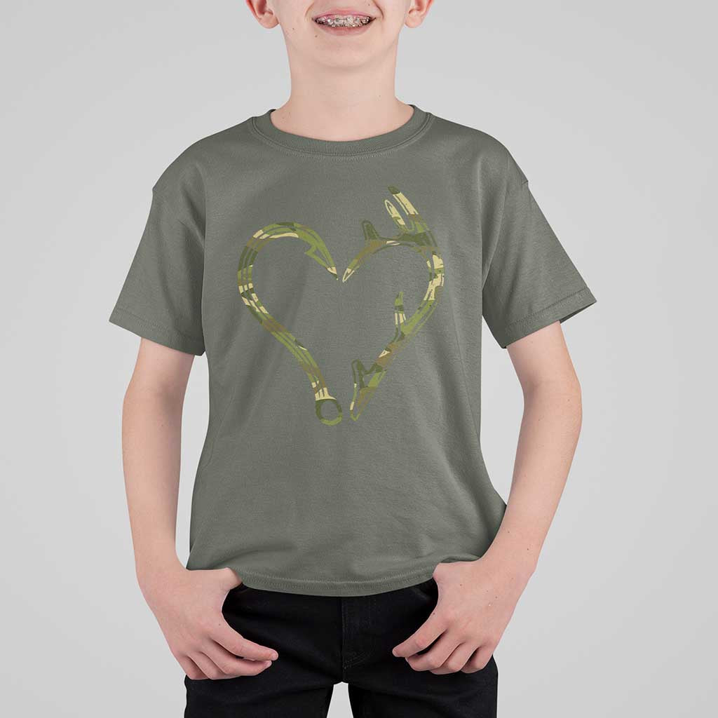 Fishing And Hunting Vintage Camo Hook Antler Heart T Shirt For Kid - Wonder Print Shop