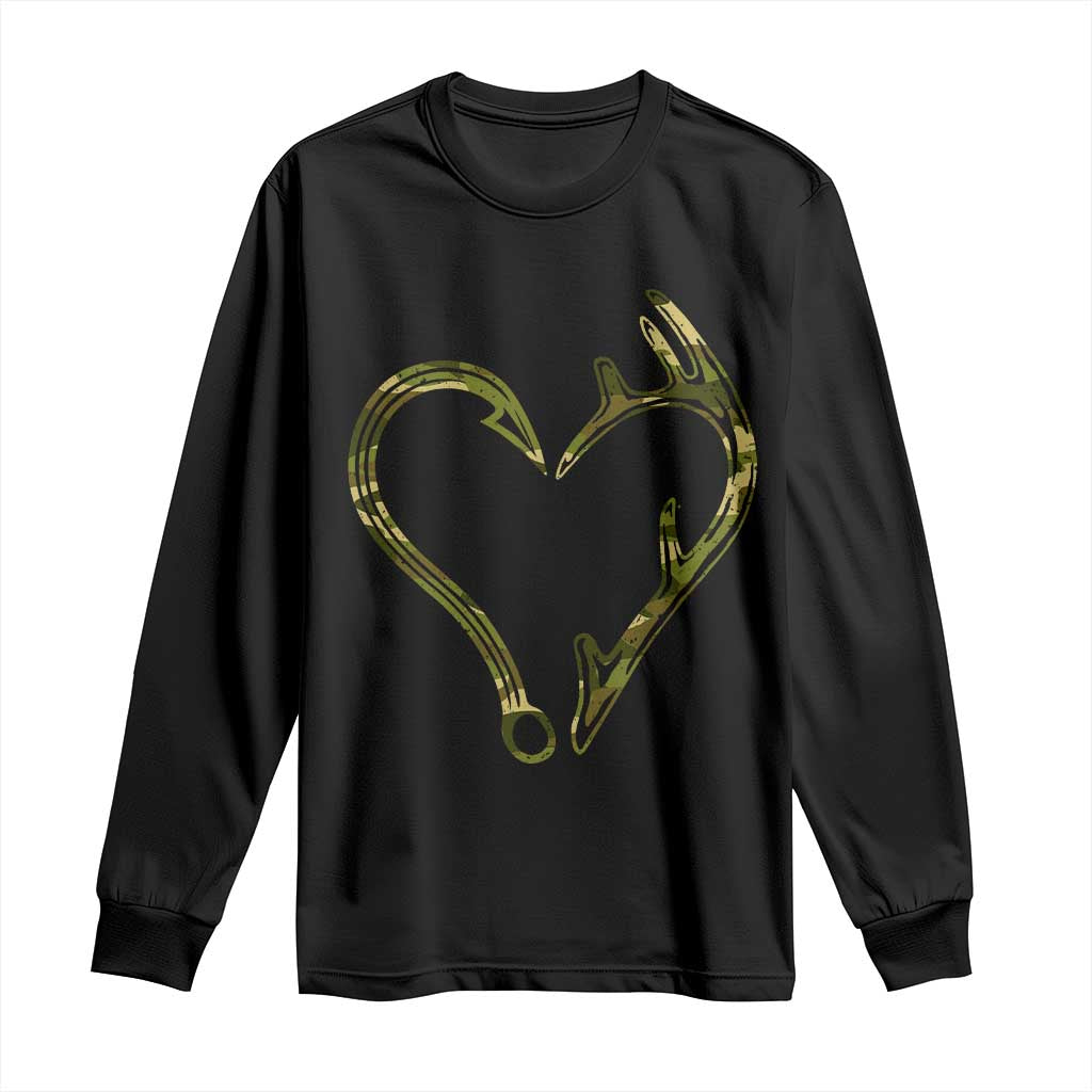 Fishing And Hunting Vintage Camo Hook Antler Heart Long Sleeve Shirt - Wonder Print Shop