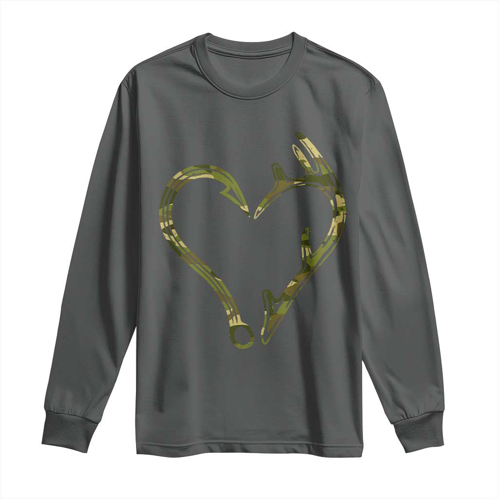 Fishing And Hunting Vintage Camo Hook Antler Heart Long Sleeve Shirt - Wonder Print Shop