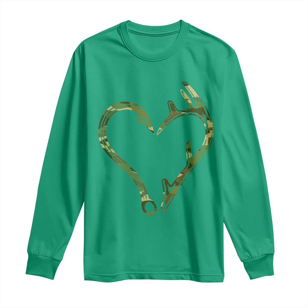 Fishing And Hunting Vintage Camo Hook Antler Heart Long Sleeve Shirt - Wonder Print Shop