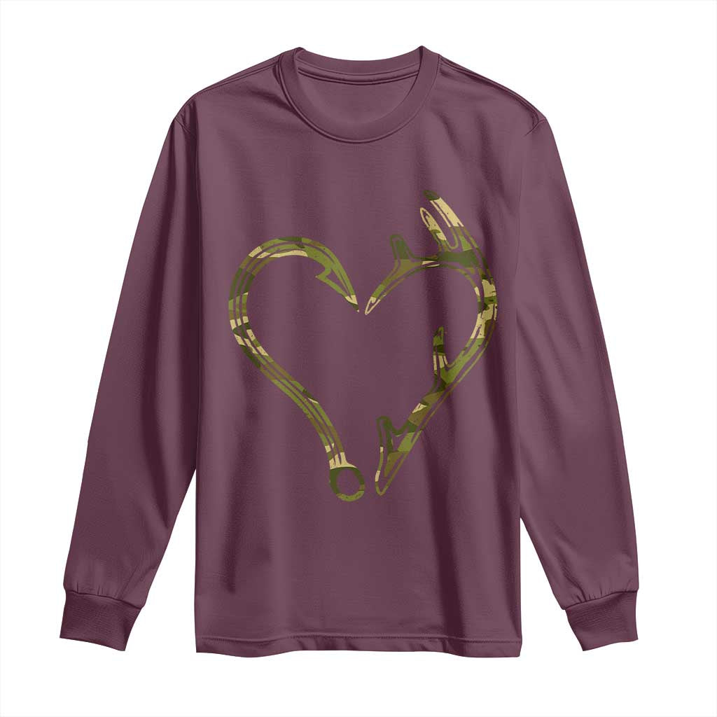 Fishing And Hunting Vintage Camo Hook Antler Heart Long Sleeve Shirt - Wonder Print Shop