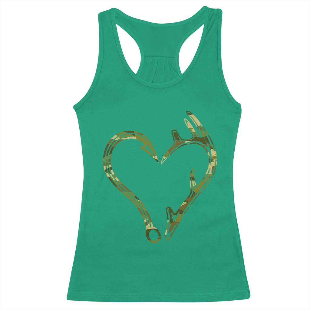 Fishing And Hunting Vintage Camo Hook Antler Heart Racerback Tank Top - Wonder Print Shop