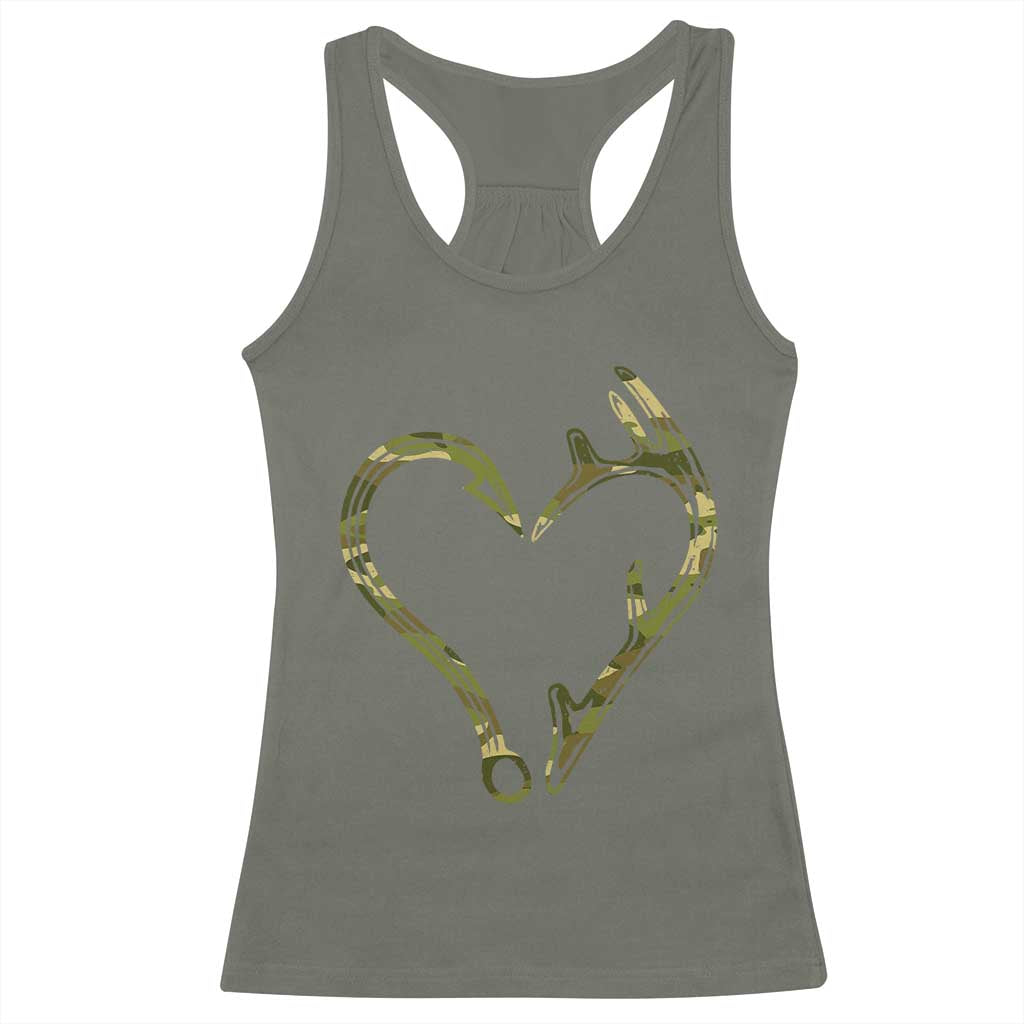 Fishing And Hunting Vintage Camo Hook Antler Heart Racerback Tank Top - Wonder Print Shop