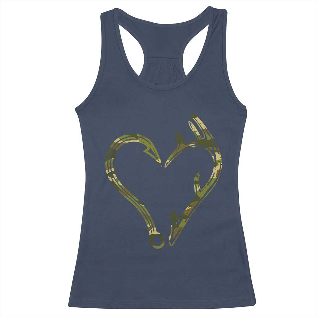 Fishing And Hunting Vintage Camo Hook Antler Heart Racerback Tank Top - Wonder Print Shop