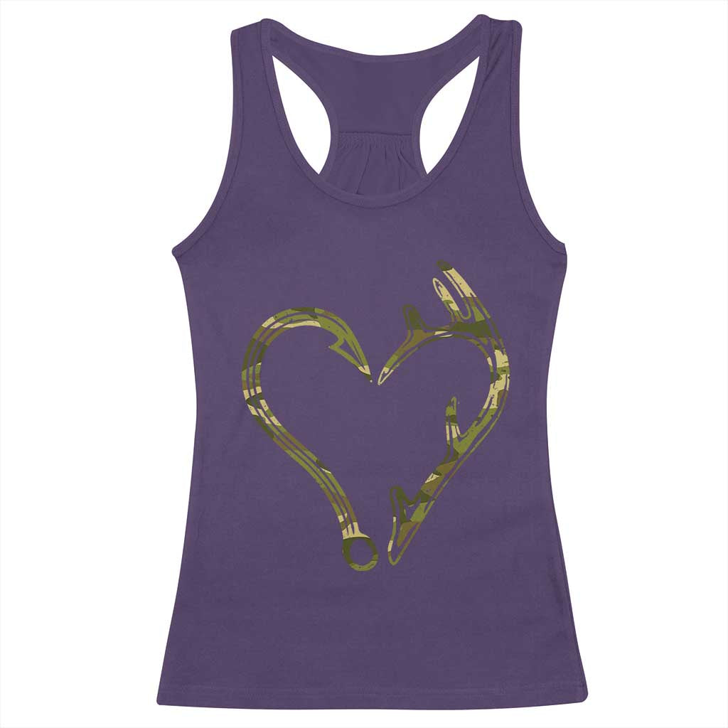 Fishing And Hunting Vintage Camo Hook Antler Heart Racerback Tank Top - Wonder Print Shop