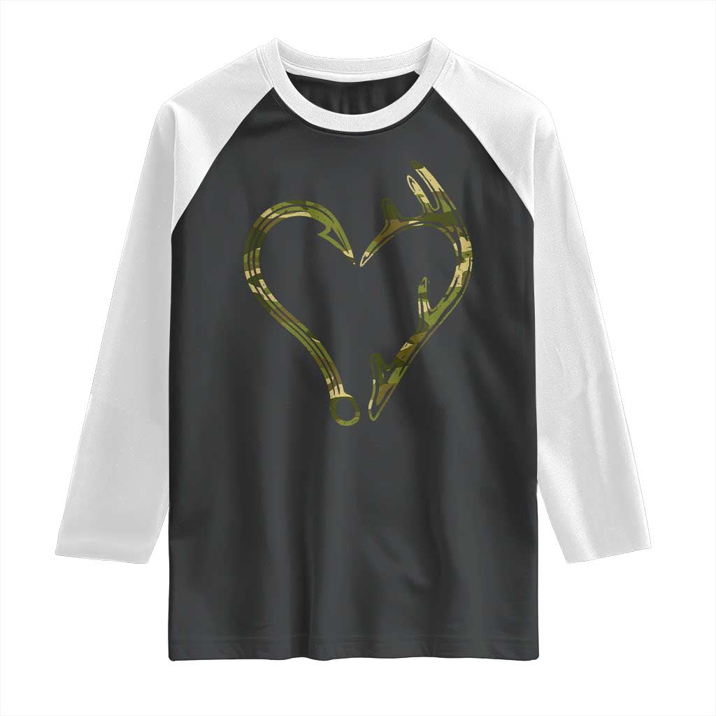 Fishing And Hunting Vintage Camo Hook Antler Heart Raglan Shirt - Wonder Print Shop
