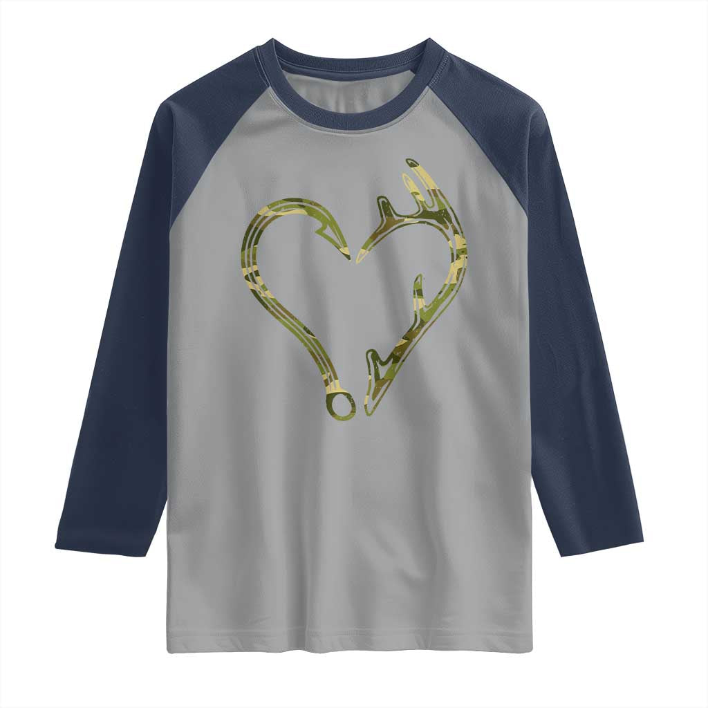 Fishing And Hunting Vintage Camo Hook Antler Heart Raglan Shirt - Wonder Print Shop
