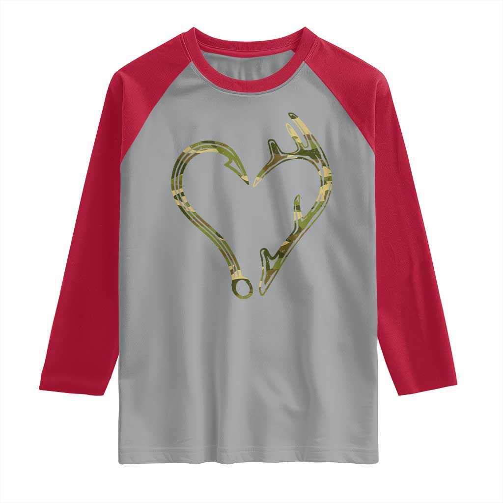 Fishing And Hunting Vintage Camo Hook Antler Heart Raglan Shirt - Wonder Print Shop