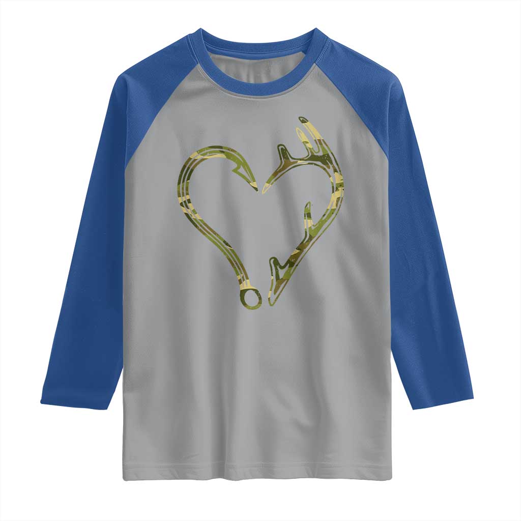 Fishing And Hunting Vintage Camo Hook Antler Heart Raglan Shirt - Wonder Print Shop