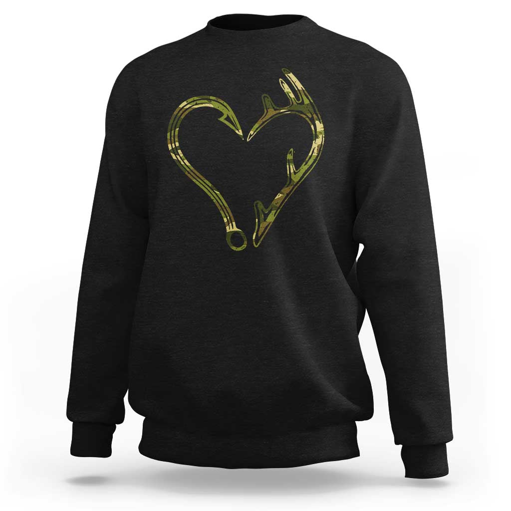 Fishing And Hunting Vintage Camo Hook Antler Heart Sweatshirt - Wonder Print Shop