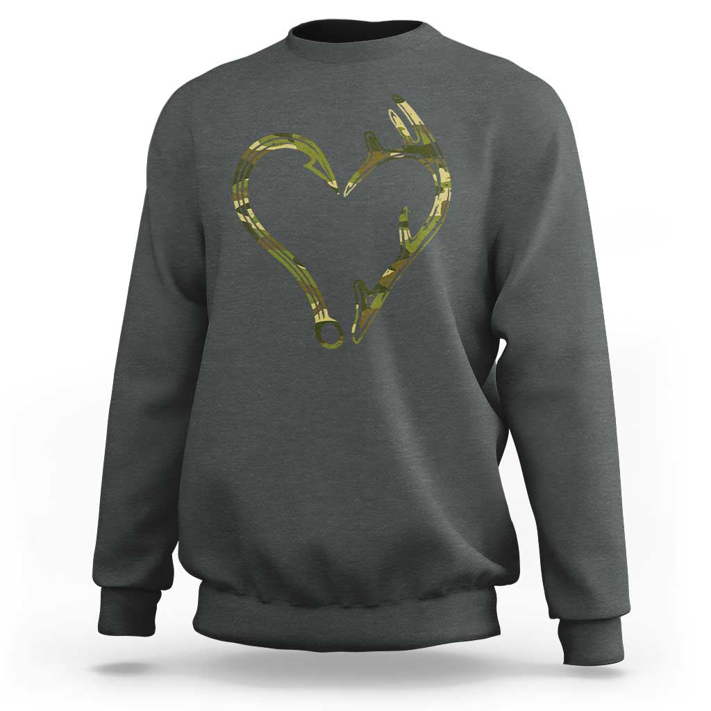 Fishing And Hunting Vintage Camo Hook Antler Heart Sweatshirt - Wonder Print Shop