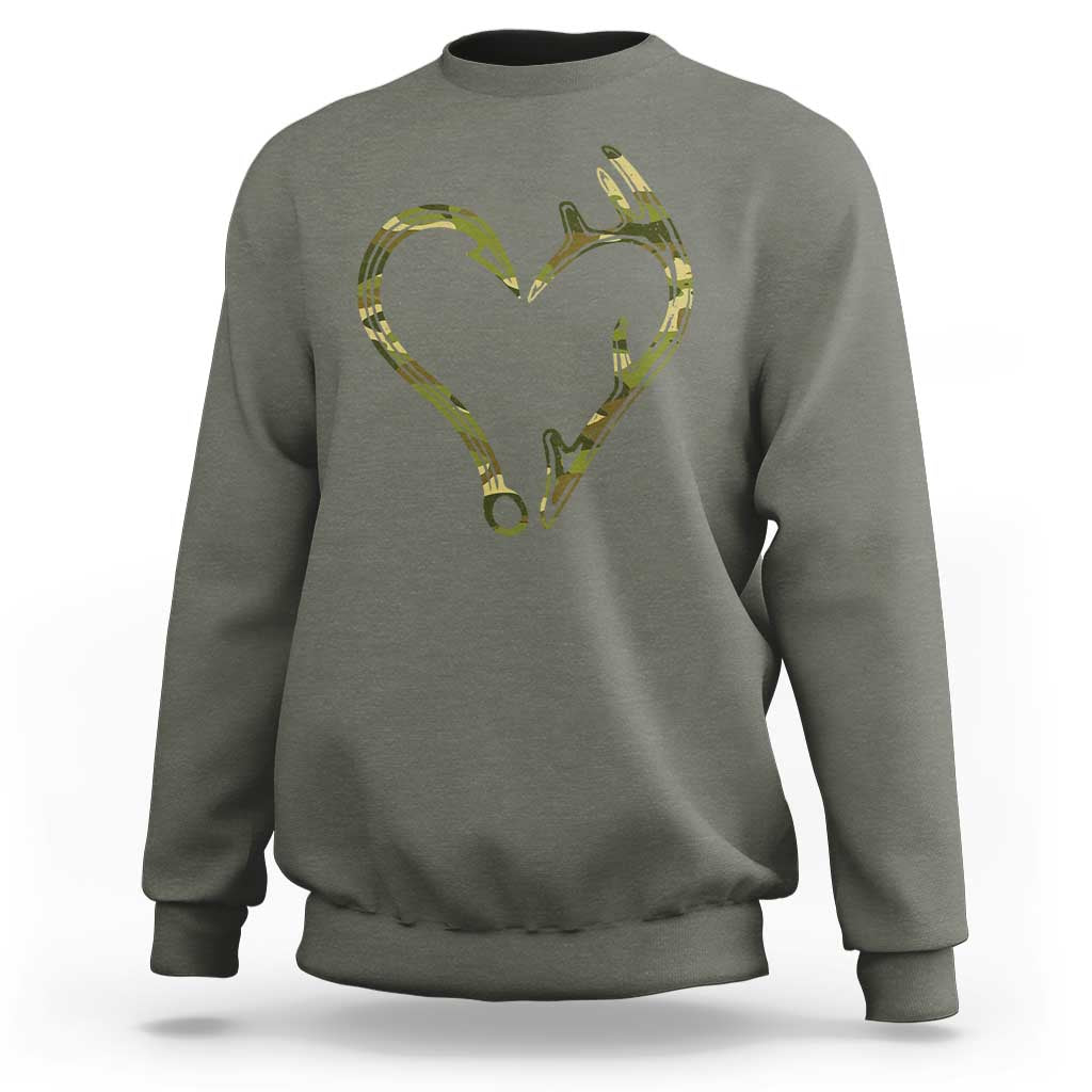 Fishing And Hunting Vintage Camo Hook Antler Heart Sweatshirt - Wonder Print Shop