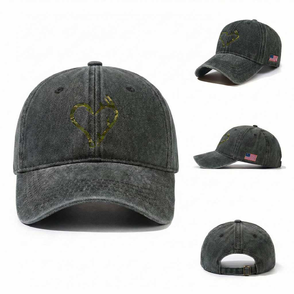 Fishing And Hunting Vintage Camo Hook Antler Heart Washed Cotton Baseball Cap