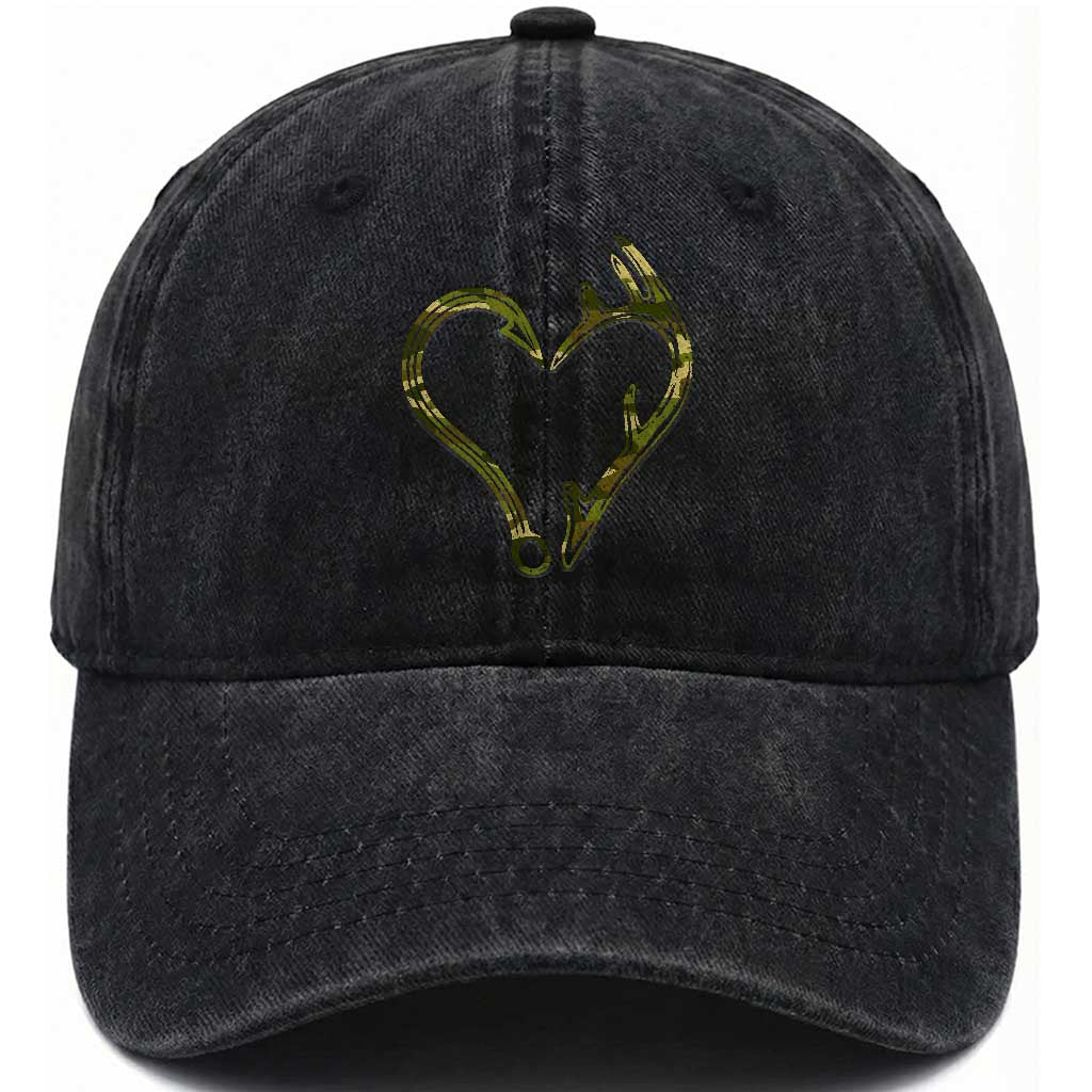 Fishing And Hunting Vintage Camo Hook Antler Heart Washed Cotton Baseball Cap