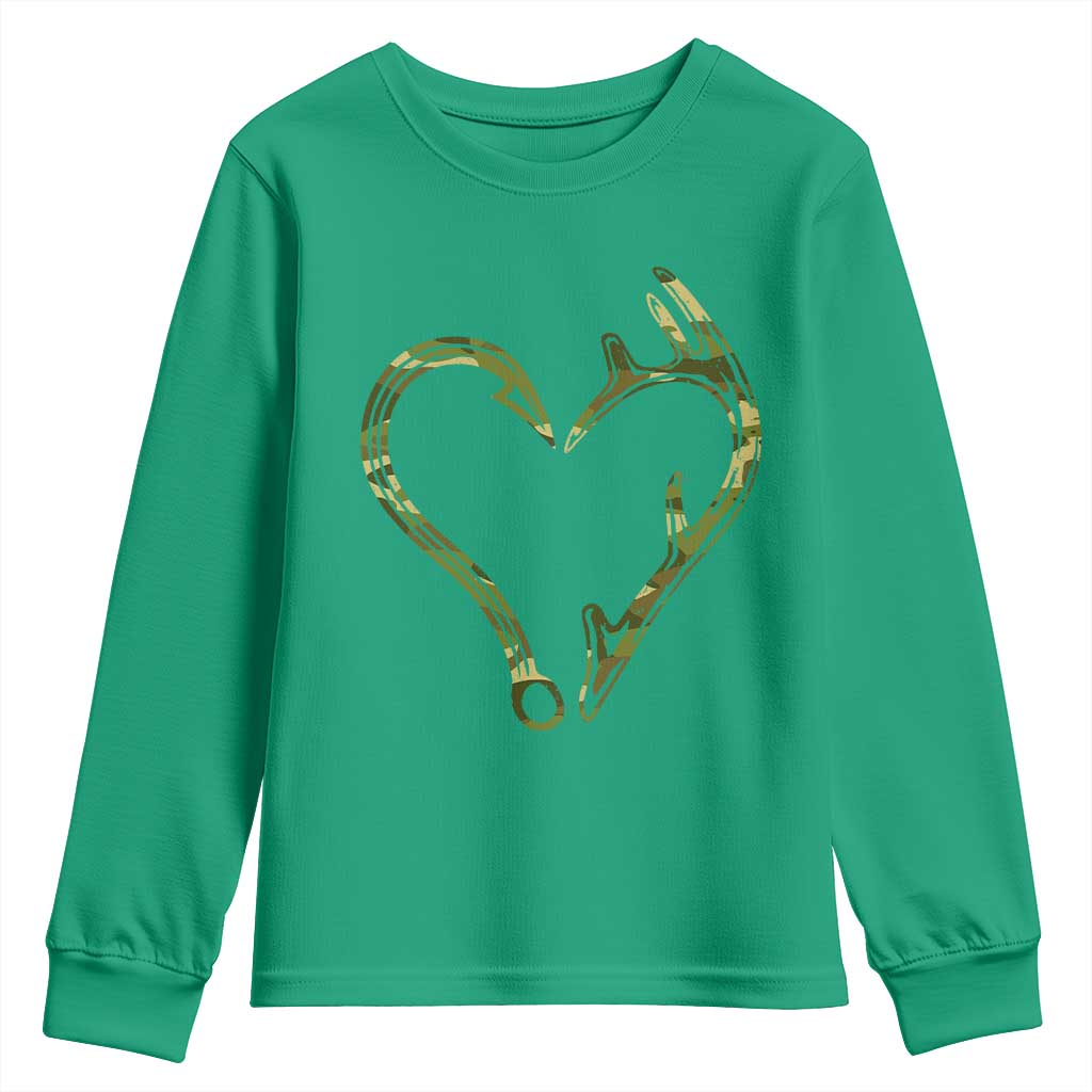 Fishing And Hunting Vintage Camo Hook Antler Heart Youth Sweatshirt - Wonder Print Shop