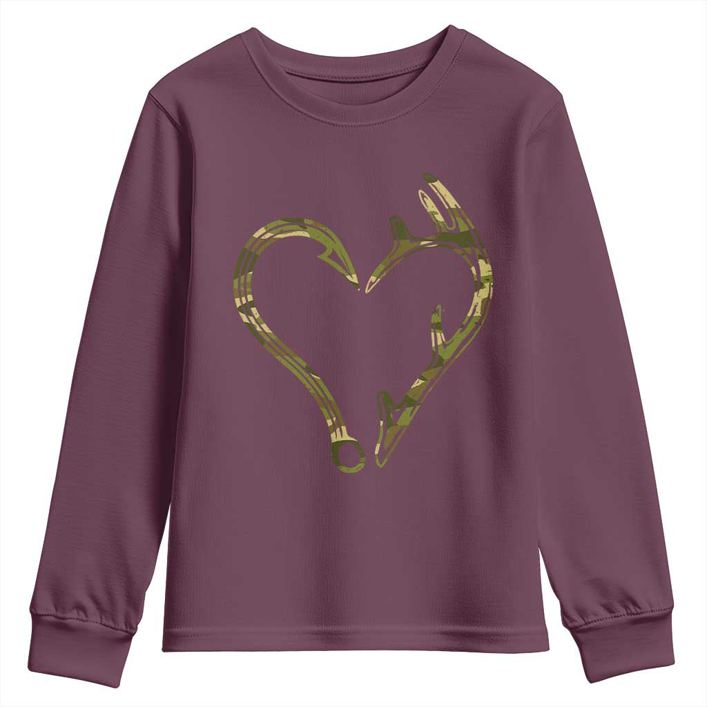 Fishing And Hunting Vintage Camo Hook Antler Heart Youth Sweatshirt - Wonder Print Shop