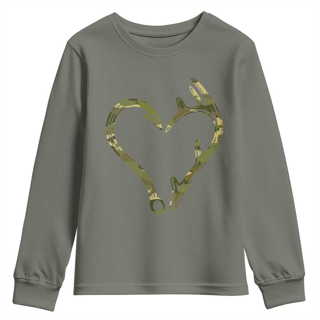 Fishing And Hunting Vintage Camo Hook Antler Heart Youth Sweatshirt - Wonder Print Shop