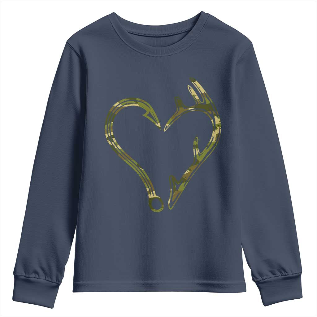 Fishing And Hunting Vintage Camo Hook Antler Heart Youth Sweatshirt - Wonder Print Shop