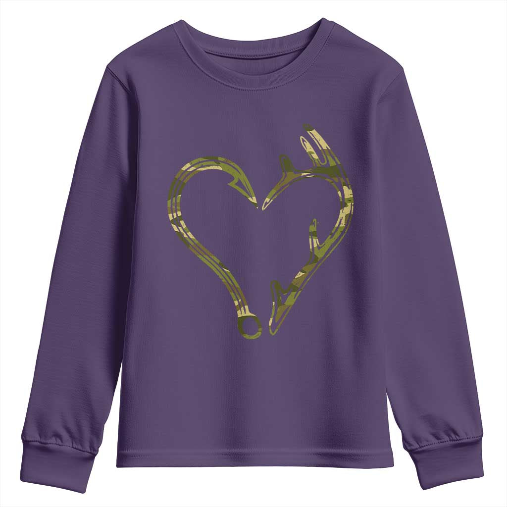 Fishing And Hunting Vintage Camo Hook Antler Heart Youth Sweatshirt - Wonder Print Shop