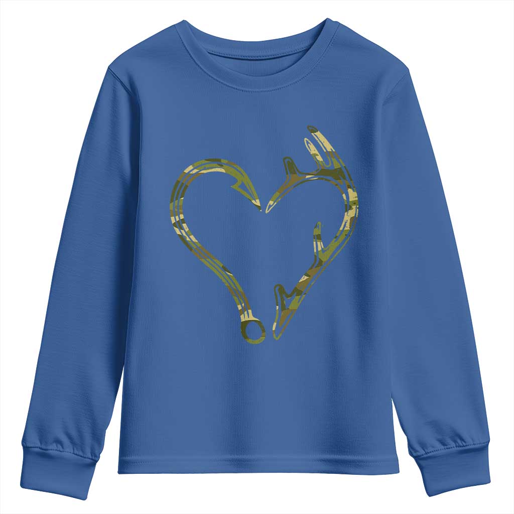 Fishing And Hunting Vintage Camo Hook Antler Heart Youth Sweatshirt - Wonder Print Shop