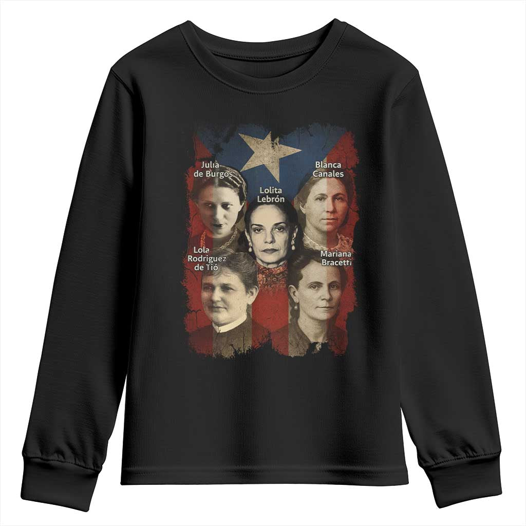 Puerto Rican Heroines Youth Sweatshirt Boricua Julia Lolita Blanca Mariana Lola Puerto Rico Flag - Wonder Print Shop