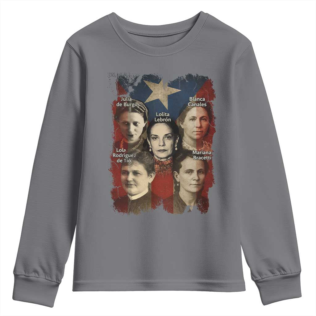 Puerto Rican Heroines Youth Sweatshirt Boricua Julia Lolita Blanca Mariana Lola Puerto Rico Flag - Wonder Print Shop
