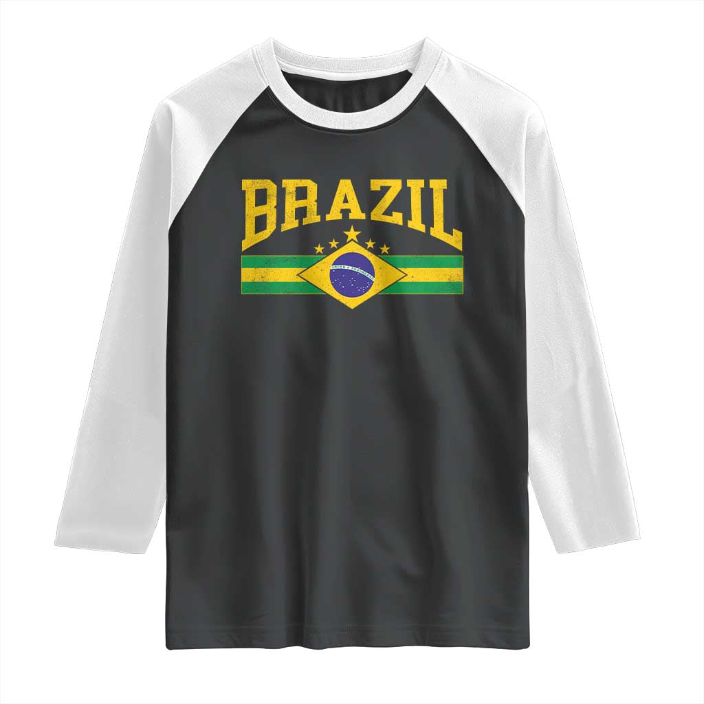 Brazilian Pride Vintage Brasil Brazil Flag Latin America Raglan Shirt - Wonder Print Shop