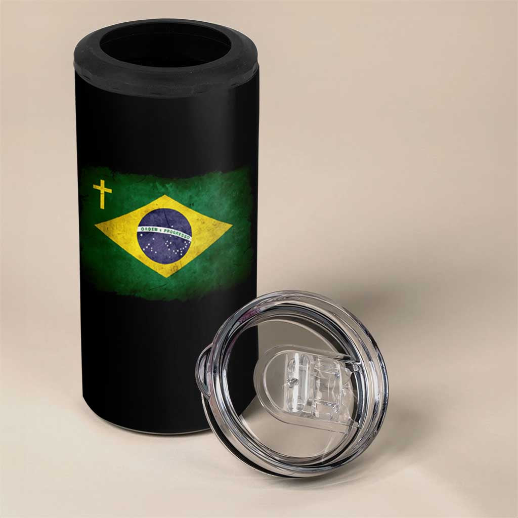 Brazilian Pride Christian Cross Latin America Brazil Flag 4 in 1 Can Cooler Tumbler - Wonder Print Shop