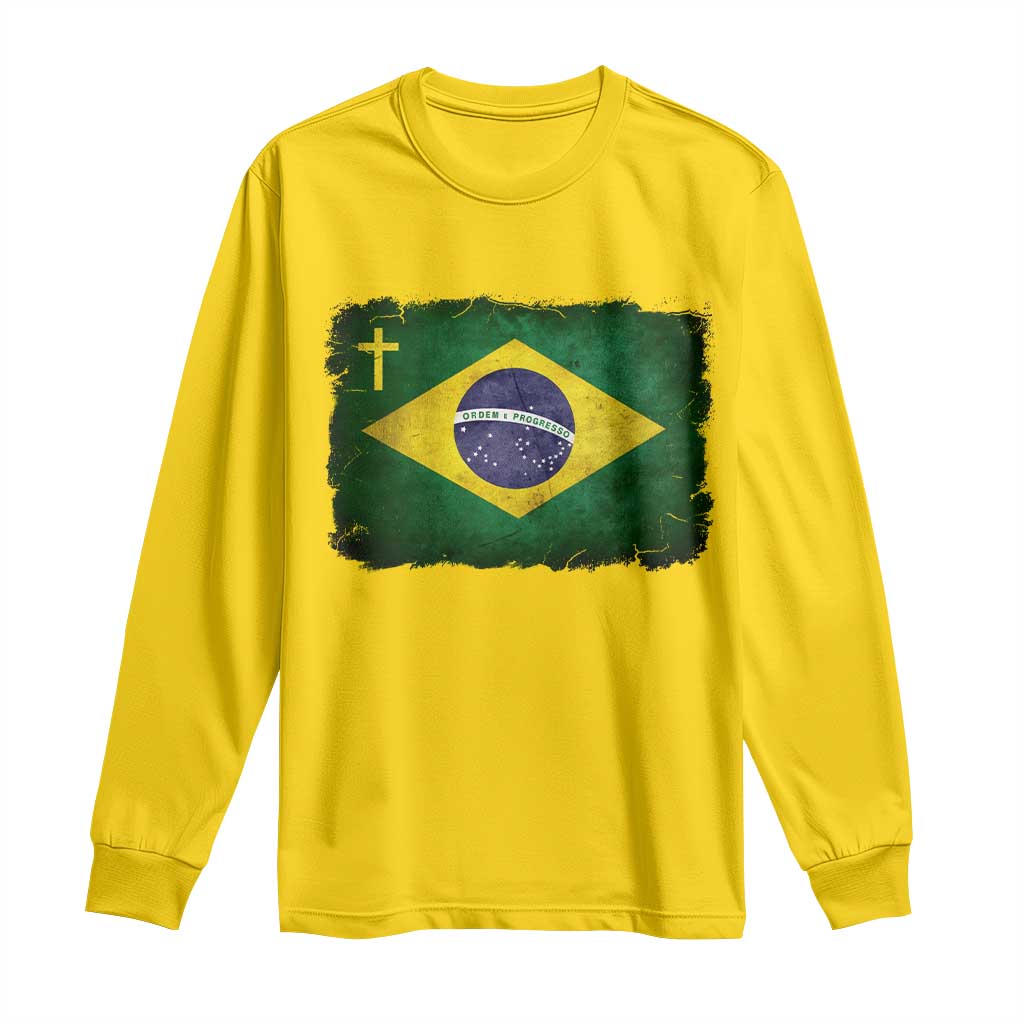 Brazilian Pride Christian Cross Latin America Brazil Flag Long Sleeve Shirt - Wonder Print Shop