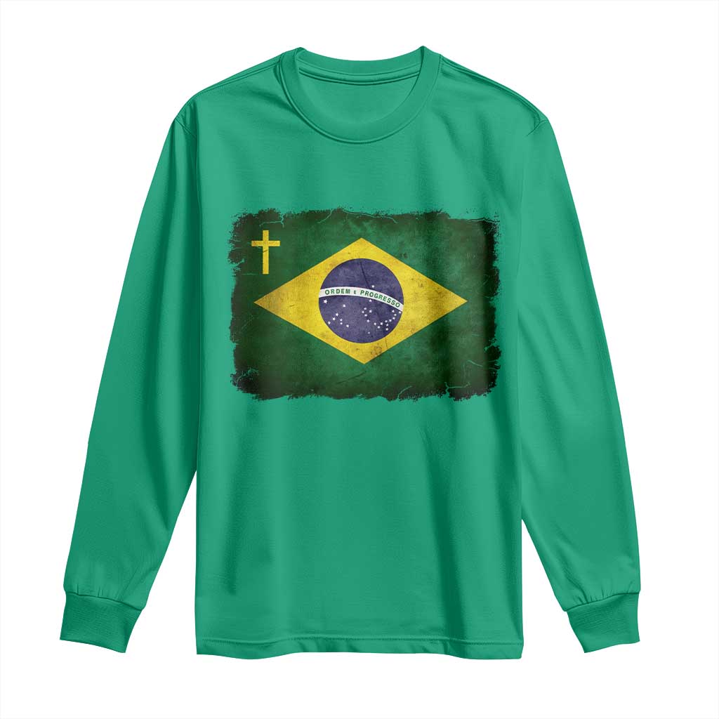 Brazilian Pride Christian Cross Latin America Brazil Flag Long Sleeve Shirt - Wonder Print Shop