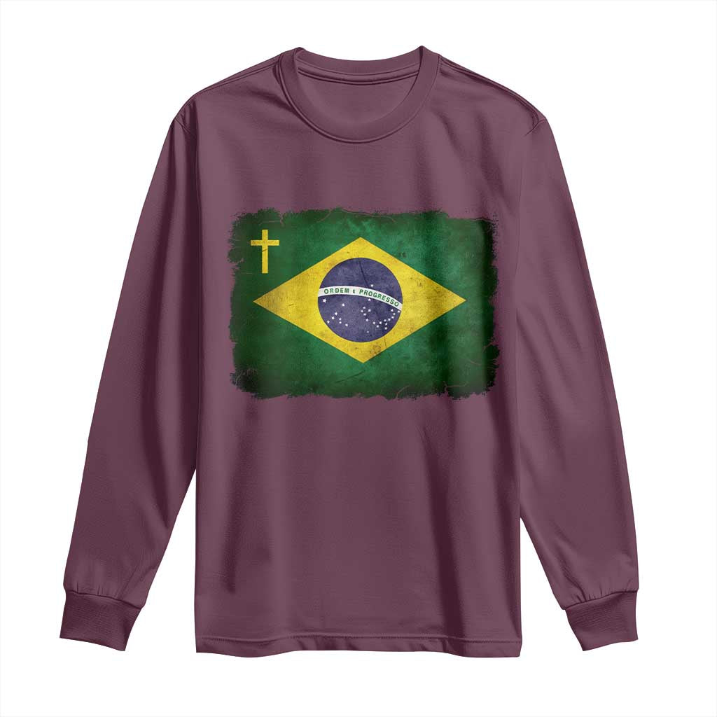 Brazilian Pride Christian Cross Latin America Brazil Flag Long Sleeve Shirt - Wonder Print Shop