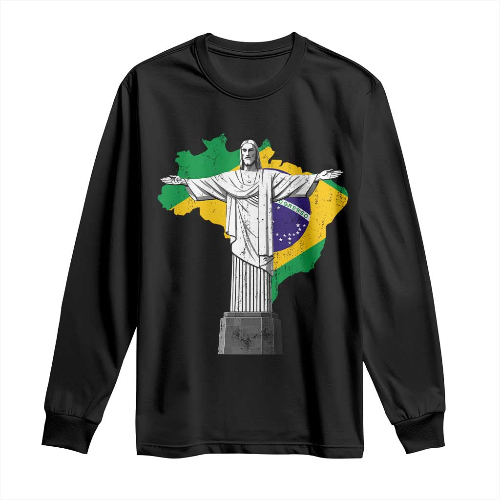 Brazilian Pride Christ the Redeemer Statue Latin America Brazil Map Long Sleeve Shirt - Wonder Print Shop