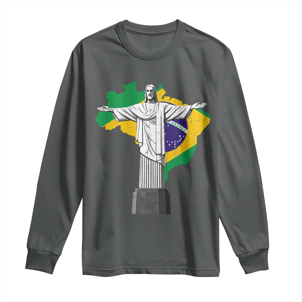 Brazilian Pride Christ the Redeemer Statue Latin America Brazil Map Long Sleeve Shirt - Wonder Print Shop