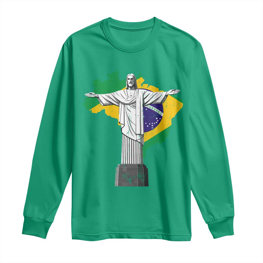 Brazilian Pride Christ the Redeemer Statue Latin America Brazil Map Long Sleeve Shirt - Wonder Print Shop
