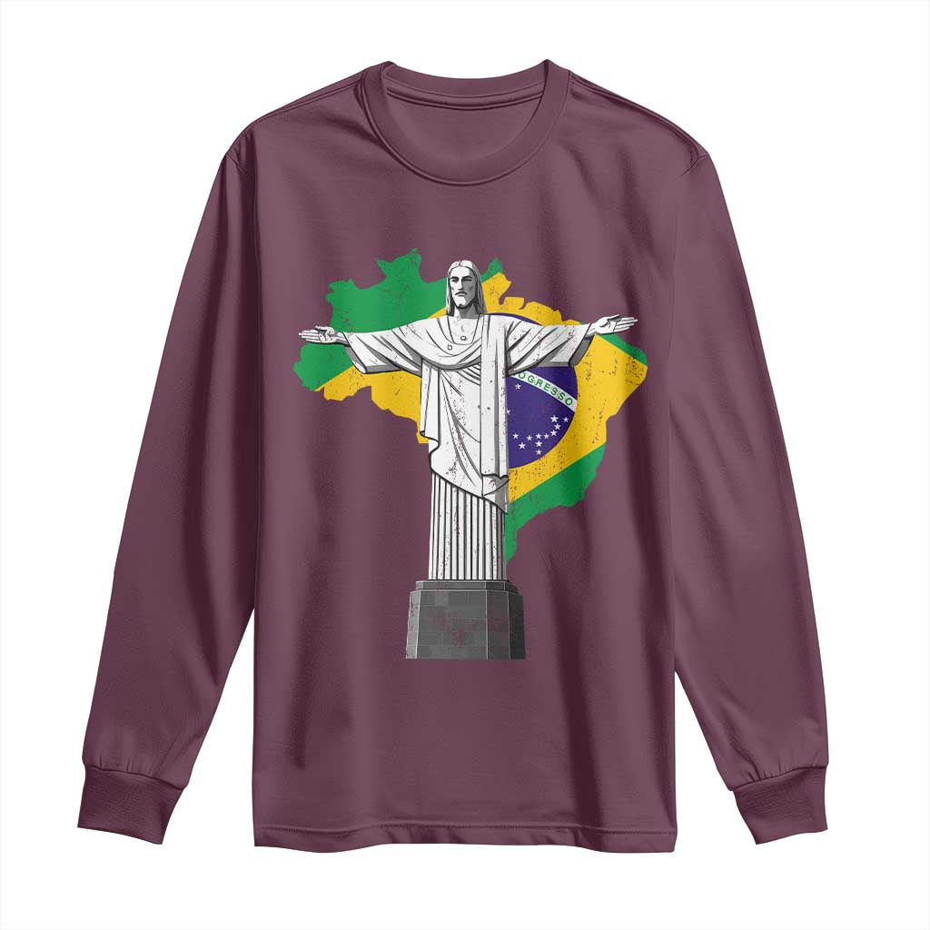 Brazilian Pride Christ the Redeemer Statue Latin America Brazil Map Long Sleeve Shirt - Wonder Print Shop