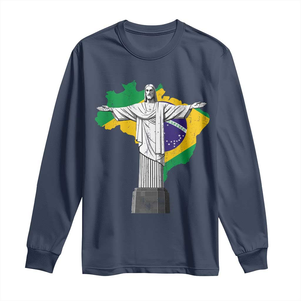 Brazilian Pride Christ the Redeemer Statue Latin America Brazil Map Long Sleeve Shirt - Wonder Print Shop