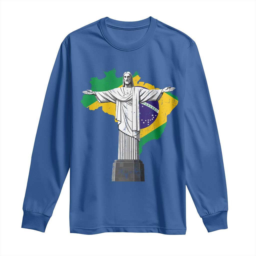 Brazilian Pride Christ the Redeemer Statue Latin America Brazil Map Long Sleeve Shirt - Wonder Print Shop