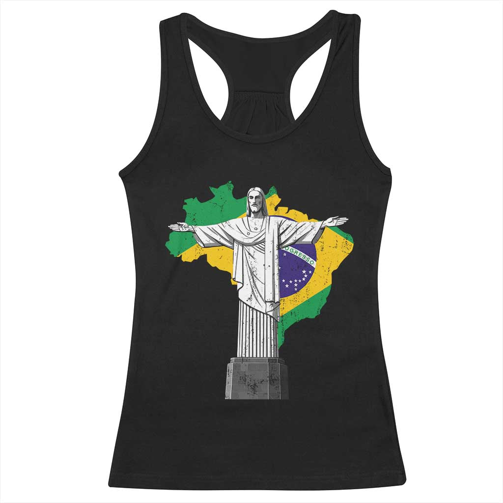 Brazilian Pride Christ the Redeemer Statue Latin America Brazil Map Racerback Tank Top - Wonder Print Shop