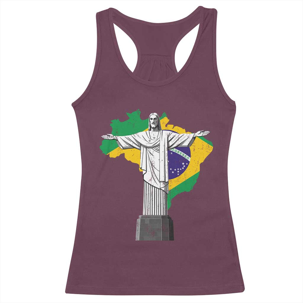 Brazilian Pride Christ the Redeemer Statue Latin America Brazil Map Racerback Tank Top - Wonder Print Shop